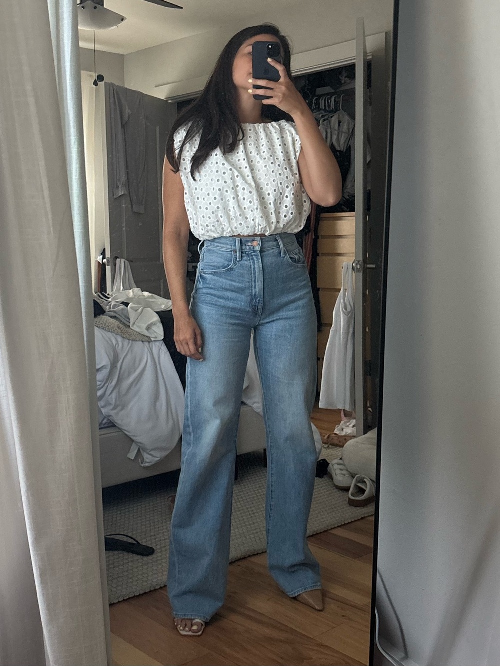 MOTHER High Rise Wide Leg Jeans in Light Blue